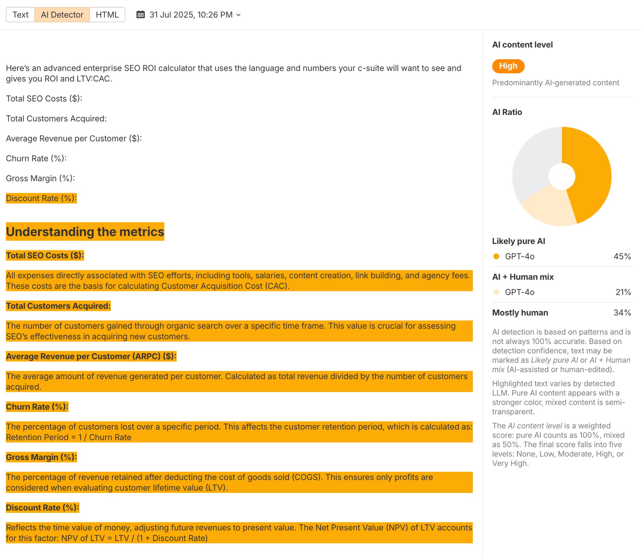 Ahrefs サイトエクスプローラーでの AI コンテンツ検出結果を示す画面。AI 45%、人間 34%、ミックス 21%