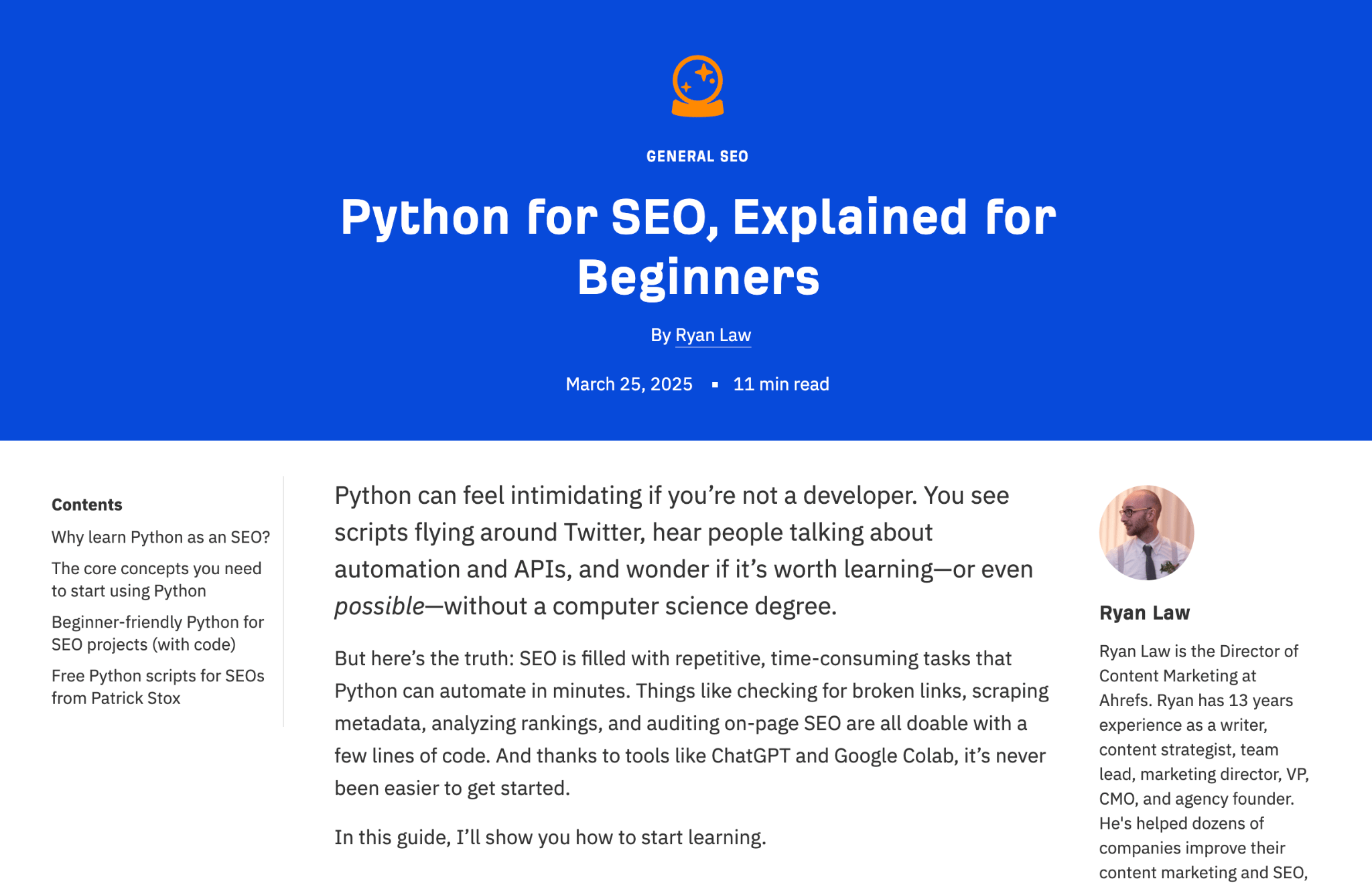 AI が生成した Ahrefs のブログ記事 'Python for SEO, Explained for Beginners' 。