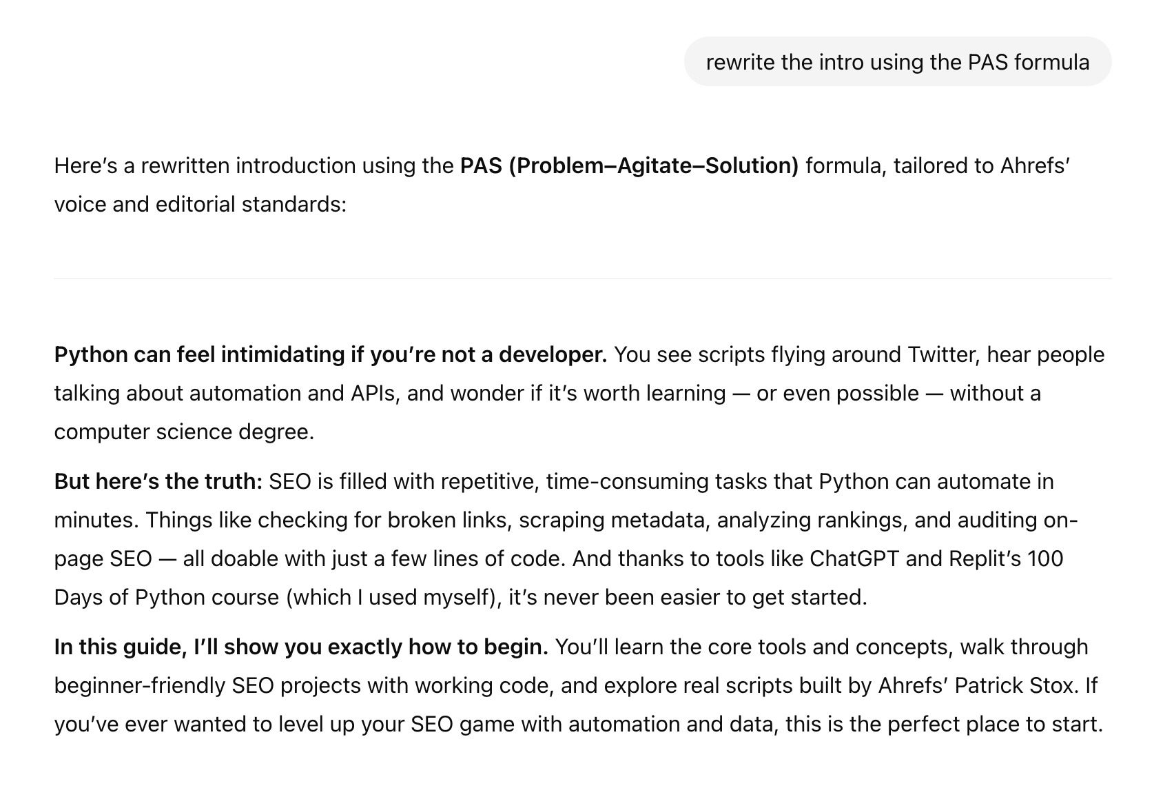 ChatGPT によって PAS フレームワーク(Problem–Agitate–Solution)を用いて書き直された記事導入文の例