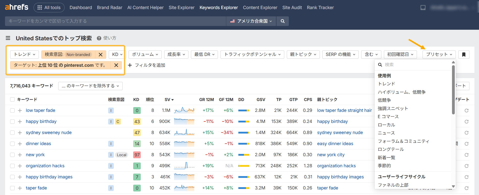 Ahrefs Keywords Explorer で Pinterest 関連キーワードを調査している画面。Pinterest が Google 上位に表示されている高ボリュームかつノンブランドのキーワードにフィルターされている。