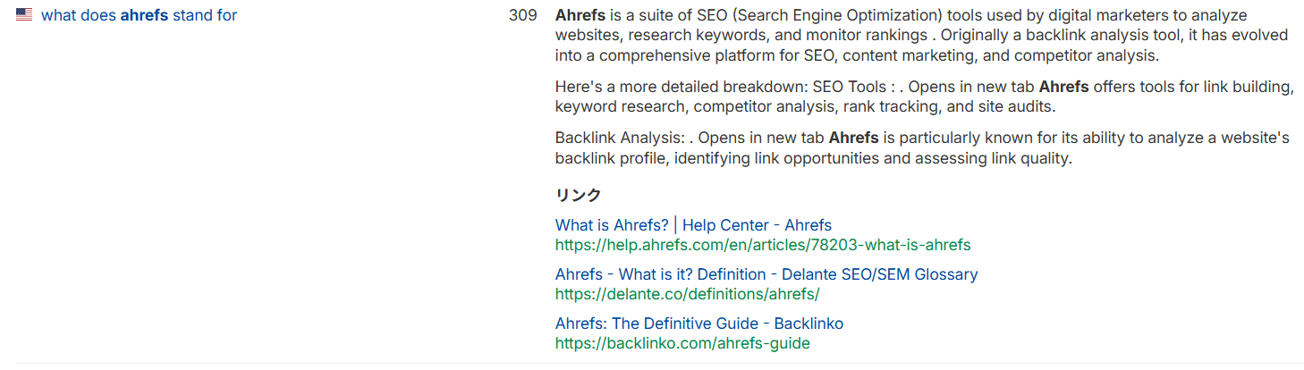 「Ahrefs とはどういう意味？」というクエリに対して生成された AI Overview の例。