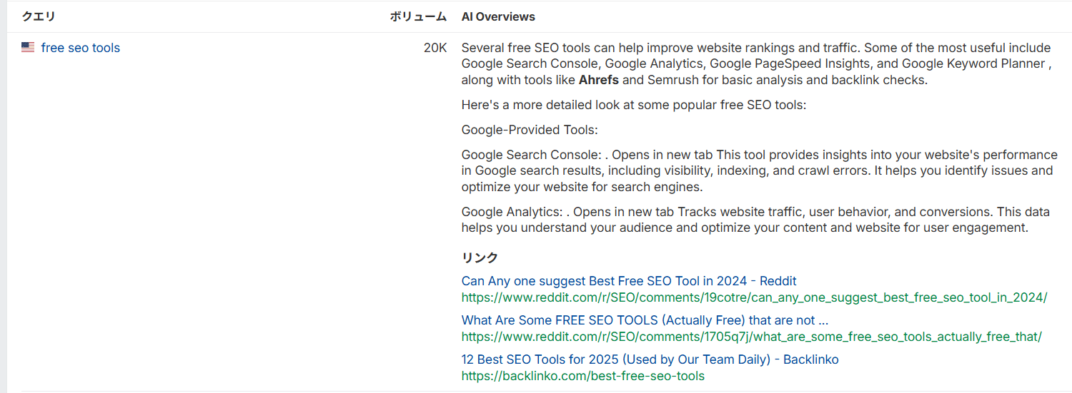 Ahrefs ブランドレーダーで ‘free seo tools’ のクエリに対する AI Overviews の回答と引用リンクを一覧表示