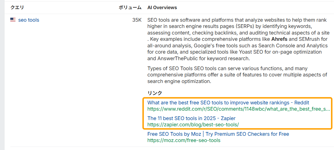 SEO ツールに関する説明とリンク例。Reddit、Zapier、Ahrefs のページが参照されている