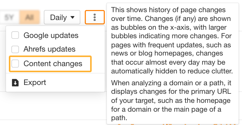 Ahrefs サイトエクスプローラーでウェブサイトの変更とトラフィック低下の関連性をチェックする