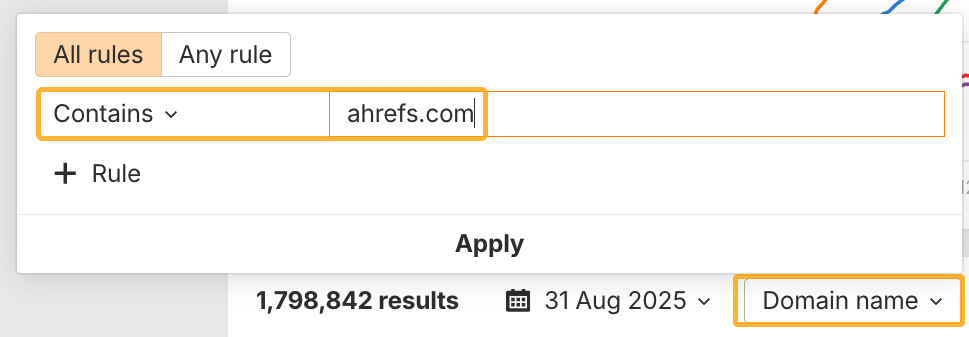ブランドレーダーでドメイン名フィルターに ahrefs.com を指定