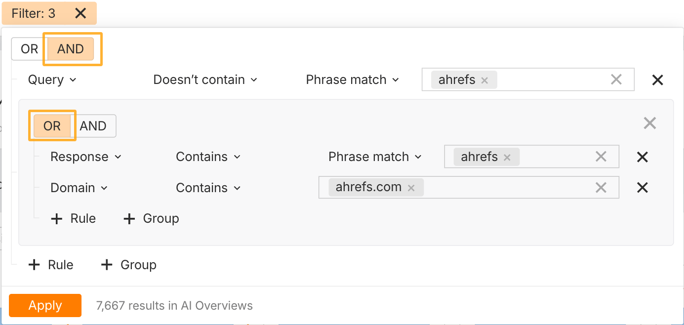 Ahres のブランドレーダーでクエリに自社ブランド名を含まない場合でも、回答や引用に含まれるケースをチェックするフィルター設定例