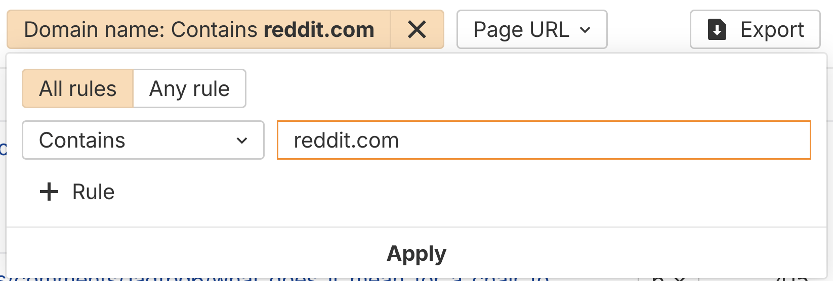 ブランドレーダーで reddit.com を含むドメインをフィルタリングする設定画面