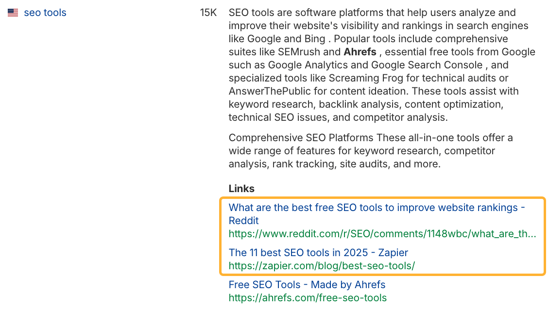 SEO ツールに関する説明とリンク例。Reddit、Zapier、Ahrefs のページが参照されている