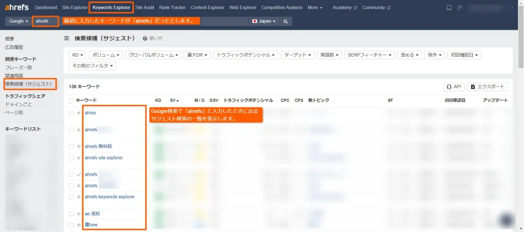 検索候補（サジェスト）レポートの表示