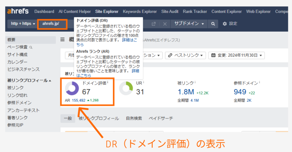 ドメインパワーを表す指標・DR（ドメインランク）の確認画面