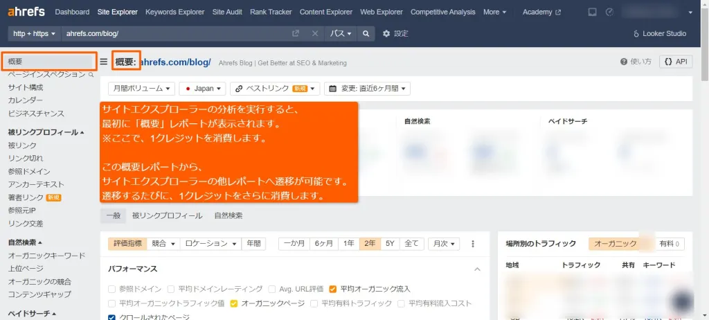 Site Explorerの概要レポート画面