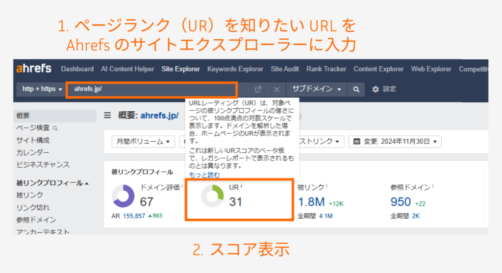 Site Explorerでページランクを調べる画面