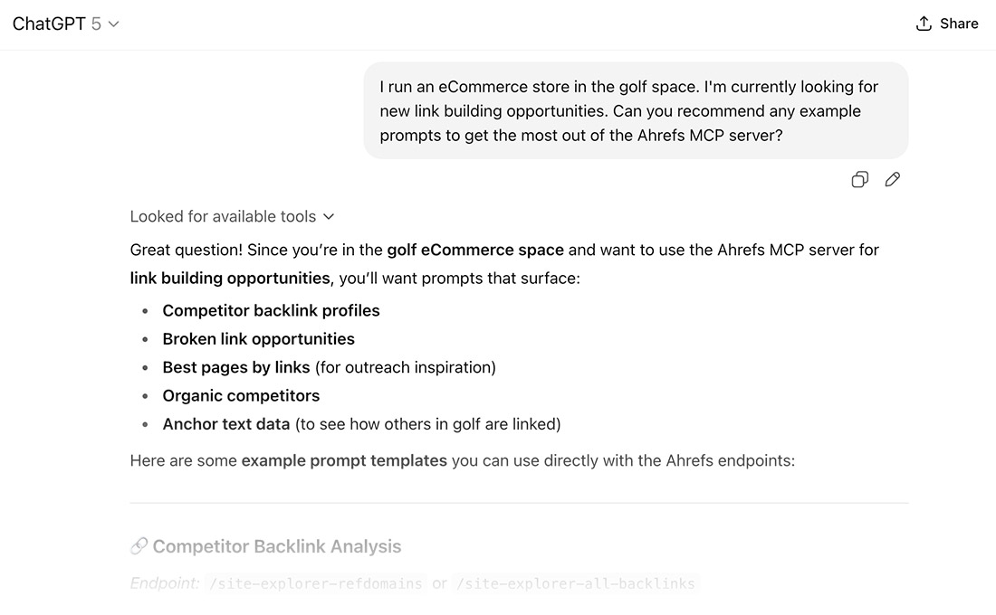 Ahrefs MCP サーバーを活用したマーケティング支援の例を示す画面
