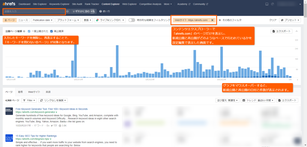 特定のWebサイトの新記事と再公開（リライト含む）の動向確認