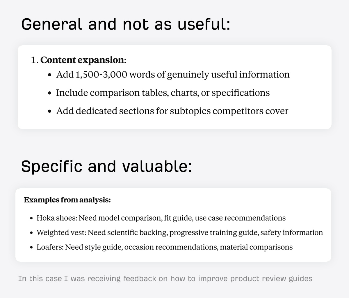 「General and not as useful」と「Specific and valuable」を比較した図
