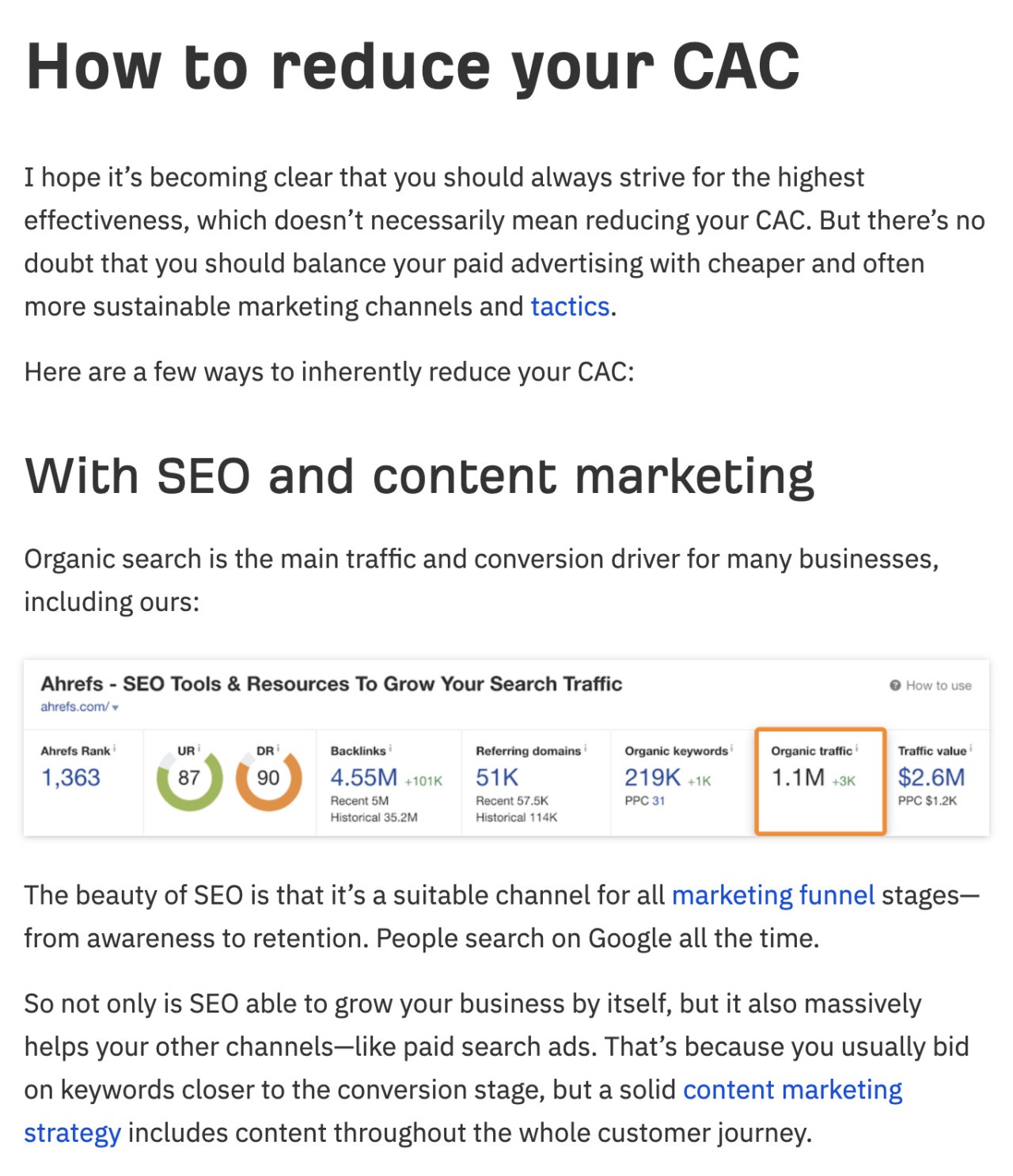 顧客獲得コストを削減する複数の方法を示すAhrefsのインターフェイス