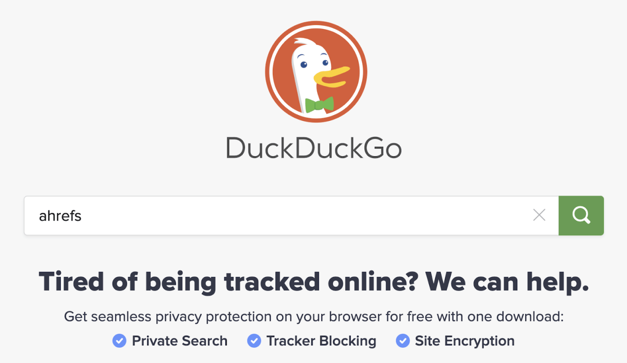 DuckDuckGoのトップページと検索バーの表示例
