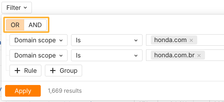Ahrefs ブランドレーダーでドメインスコープのフィルター設定を調整している画面。