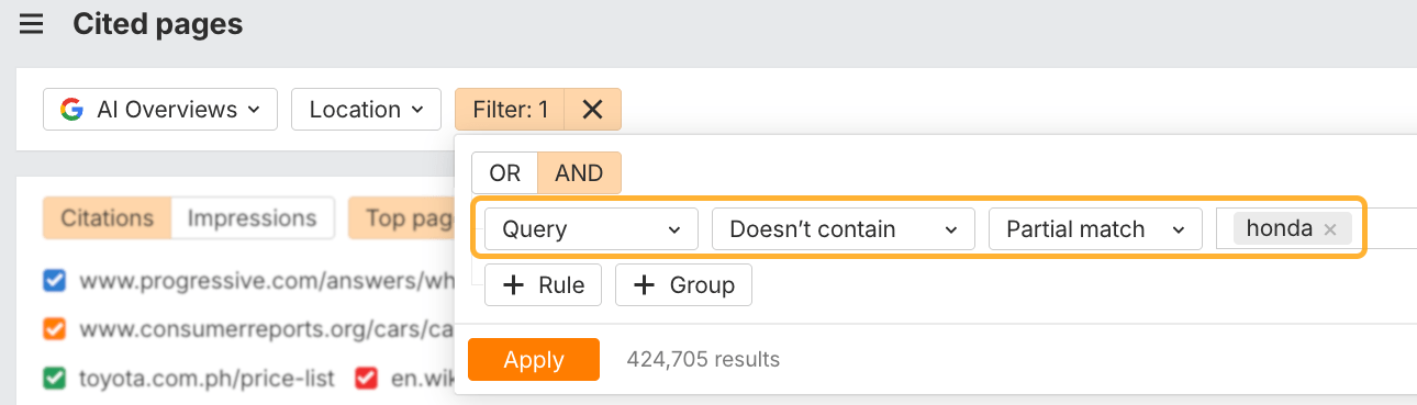 Ahrefs ブランドレーダーで「クエリに競合ブランド名を含まない」条件を設定し、競合のブランド言及を除外するフィルター画面。