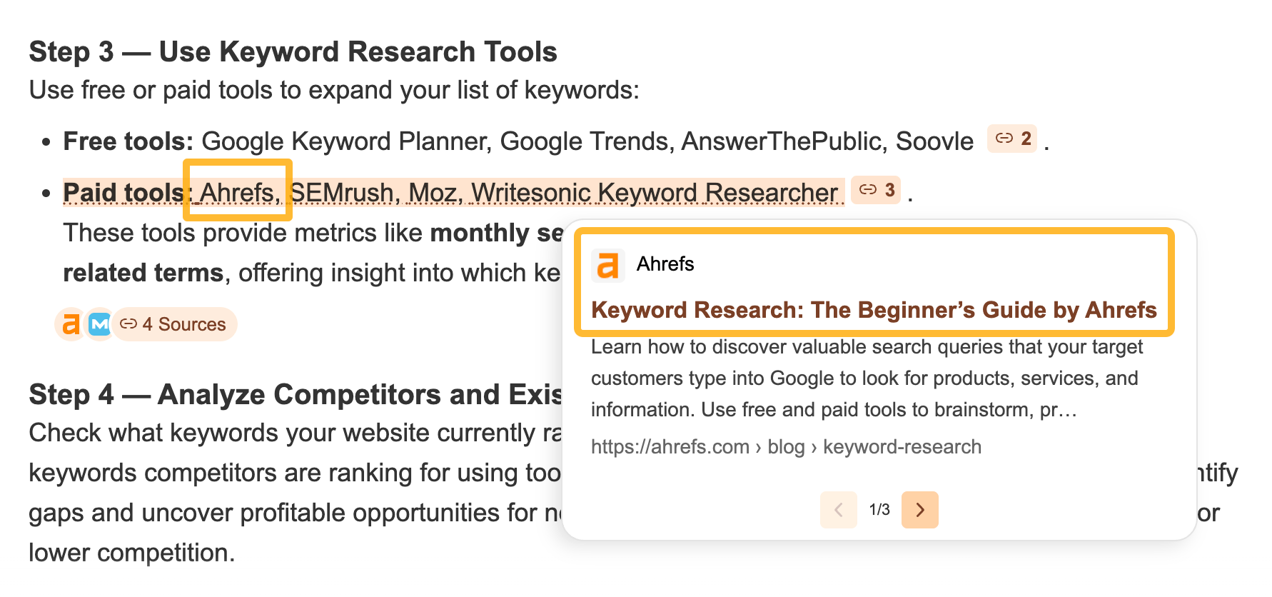 テキスト内で Ahrefs が言及され、ポップアップで Ahrefs ブログ記事への引用リンクが表示されているスクリーンショット。