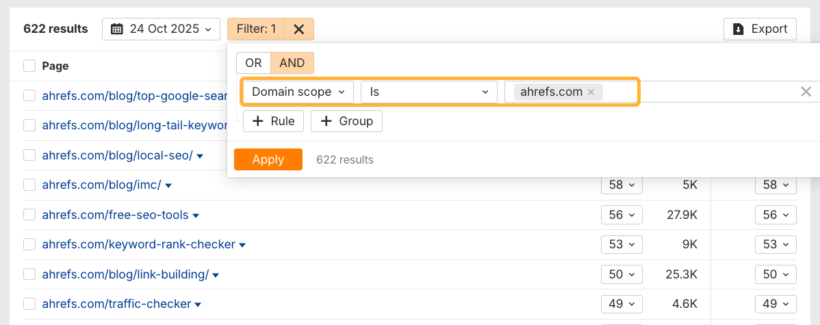 Ahrefs ブランドレーダーの「引用されたページ」レポートで、AI 検索で最も引用されている自社ページを絞り込むためのフィルター使用例。