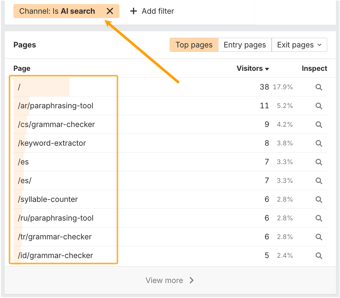 Ahrefs ウェブアナリティクスを使って、AI 検索からトラフィックを獲得しているトップページを抽出する画面。
