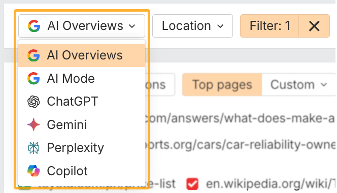 Ahrefs ブランドレーダーで AI の応答を表示するプラットフォーム(Google、ChatGPT など)を選択する画面。