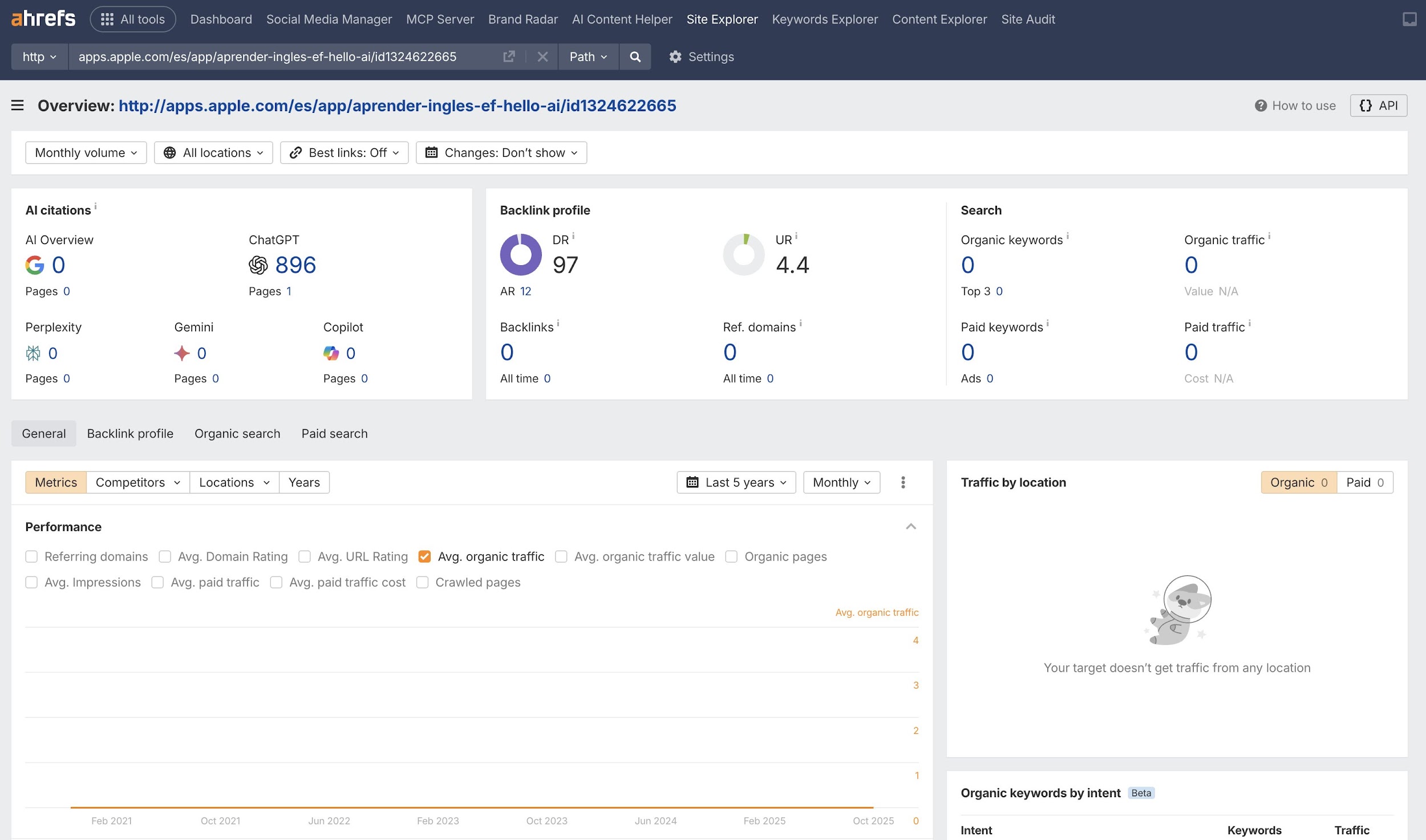 Apple のアプリページの ChatGPT 引用数と検索トラフィックゼロの指標が表示された Ahrefs のサイトエクスプローラーのスクリーンショット