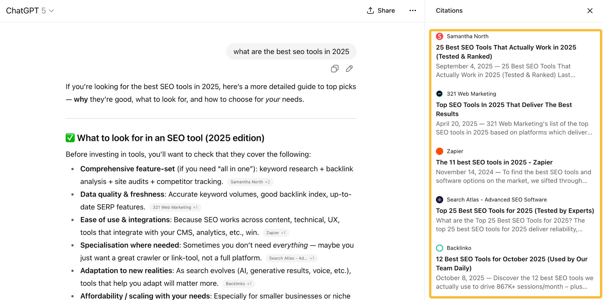 同じクエリに対して ChatGPT が生成した異なる引用リストを比較し、LLM 回答の確率的な性質を示している画像。