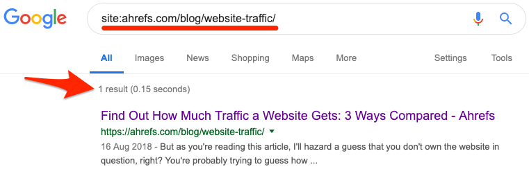 Googleで「site:yourwebsite.com/web-page-slug」オペレータを使用した結果画面
