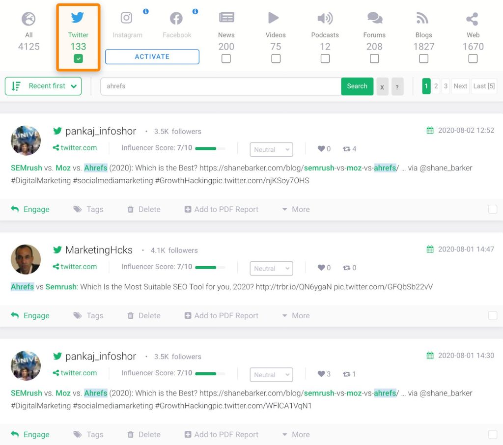 Brand24でTwitter 上で Ahrefs への言及をフィルタリングした結果の画面