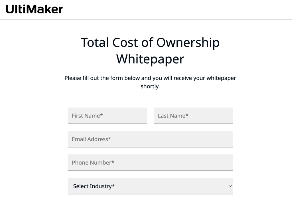 3D プリンターの総所有コストに関するホワイト ペーパーのリード生成ランディング ページ
