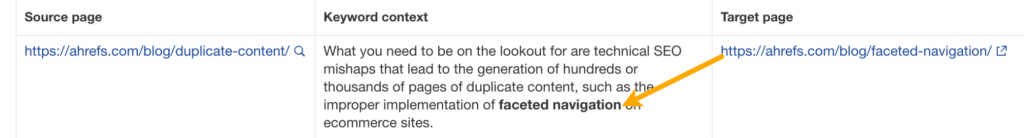 Ahrefs の Site Audit にある『内部リンク機会』レポートで、関連キーワードに基づいた内部リンクの提案を表示している画面