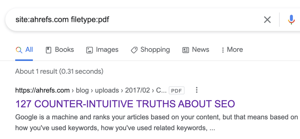 演算子filetype:を使用して、Google のインデックスに登録したくないファイルを検索する画面