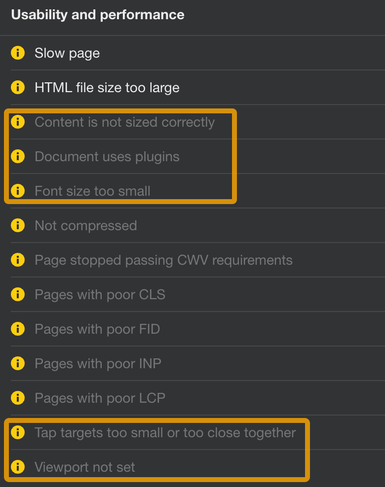 Ahrefs サイト監査 の「ユーザビリティとパフォーマンス」カテゴリ