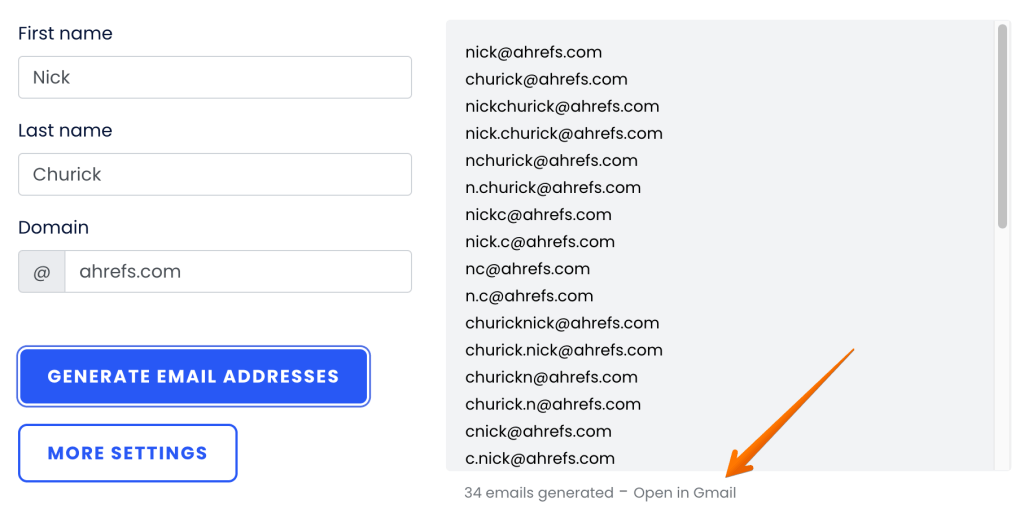 Mailmeteor のEmail Permutator Toolの画面