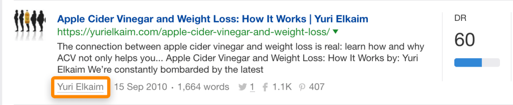Ahrefs のコンテンツエクスプローラーでトピックを検索し、著者名付きの記事一覧を表示している画面