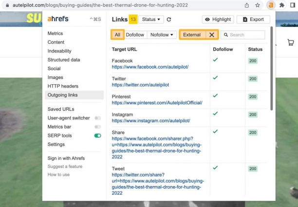 AhrefsのSEOツールバーで[リンク タイプ] ドロップダウンをクリックして [外部] を選択する画面