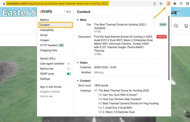 AhrefsのSEOツールバーの「コンテンツ」 セクションを開いて小見出しを確認する画面