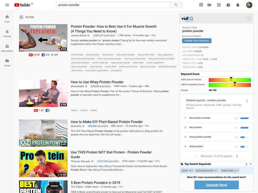 vidIQ をYouTube UI に追加した画面