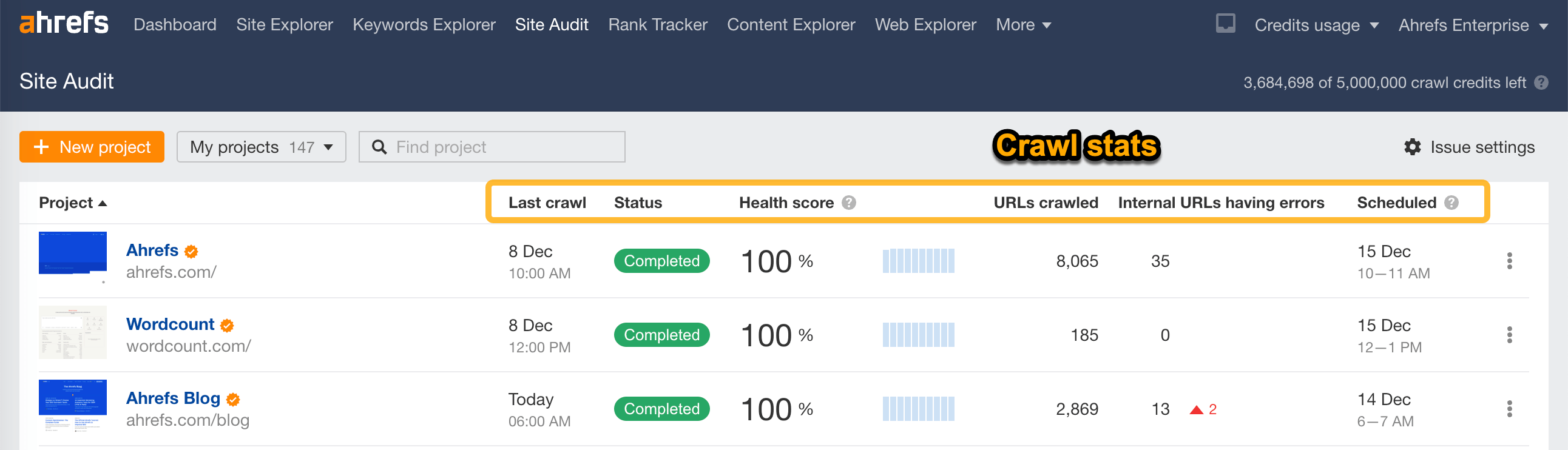 SEO 監査を実行できる Web サイト監査ツール「Site Audit 」の画面
