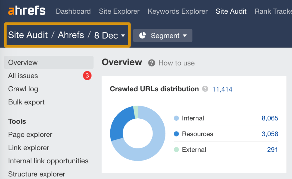 Site Audit のブレッドクラムをクリックする画面