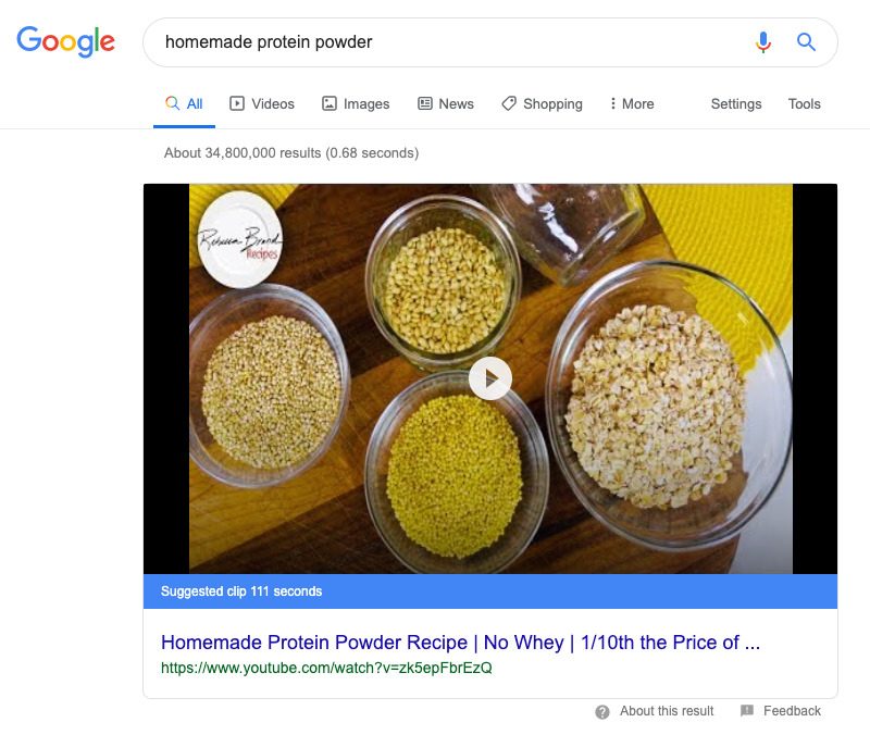 Google が検索結果に動画を表示する画面