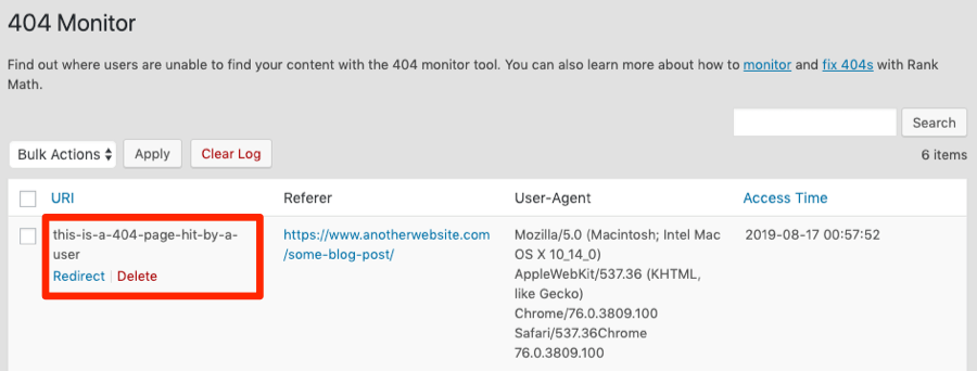 Rank Mathの404エラーモニター画面