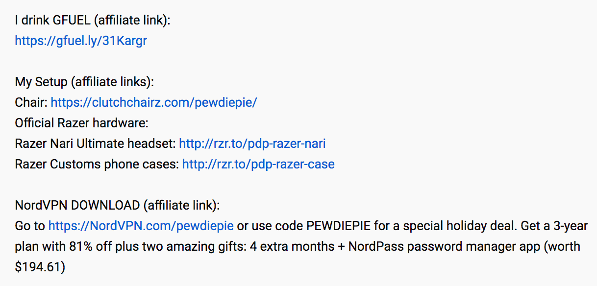YouTube 動画の説明欄に、アフィリエイトリンクを含むことを示すディスクロージャー文が記載されている画面の画像。
