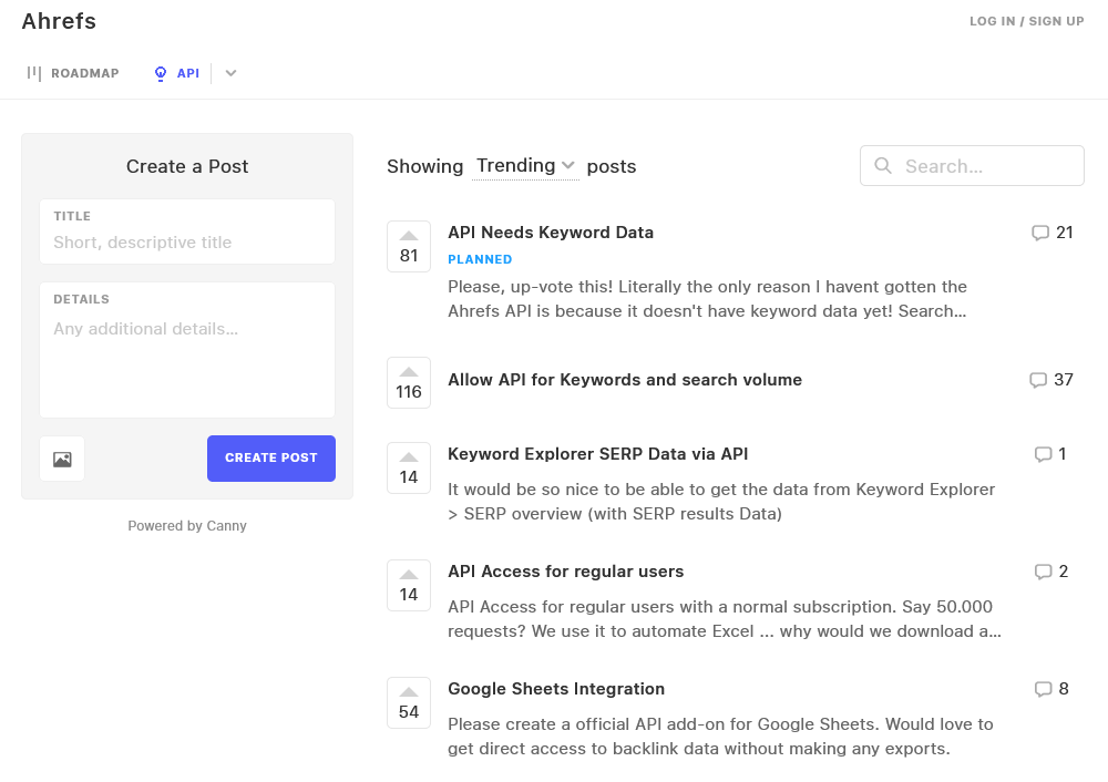 Canny のフィードバックボード画面で、ユーザーが投稿したアイデアの一覧がアップボート数と共に表示されている様子。