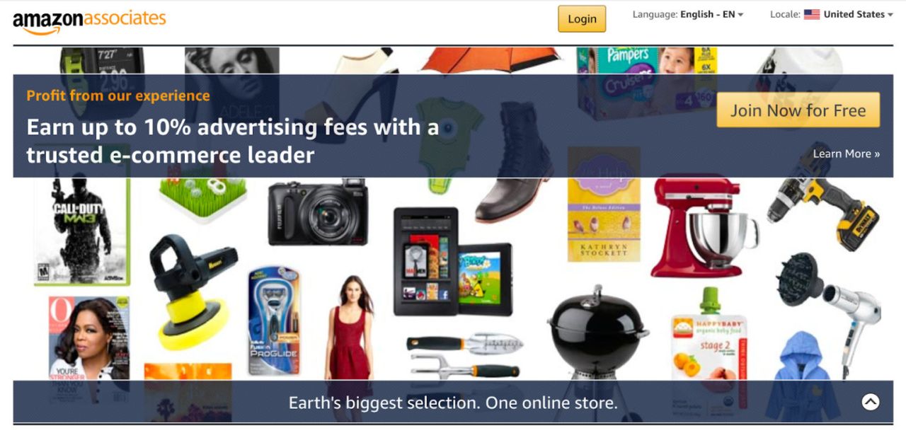 Amazonアソシエイトの管理画面で、Amazonで販売される幅広い商品のアフィリエイト報酬率（最大10％）が一覧表示されている画像。