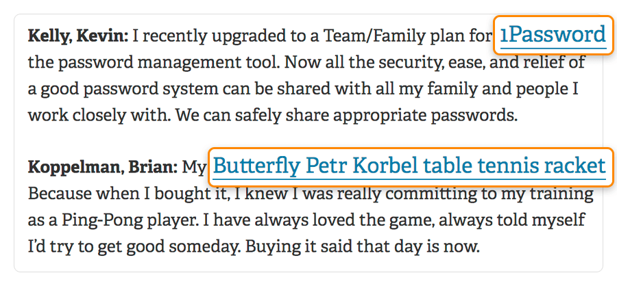 ブログ記事内で、読者の質問への回答部分に製品名のテキストリンクとしてアフィリエイトリンクが挿入されていることを示す画像。