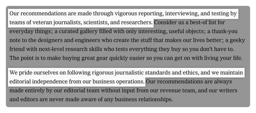 Wirecutter の製品レビュー記事で、実際にテストした複数製品のおすすめ結果を一覧表示している画像。