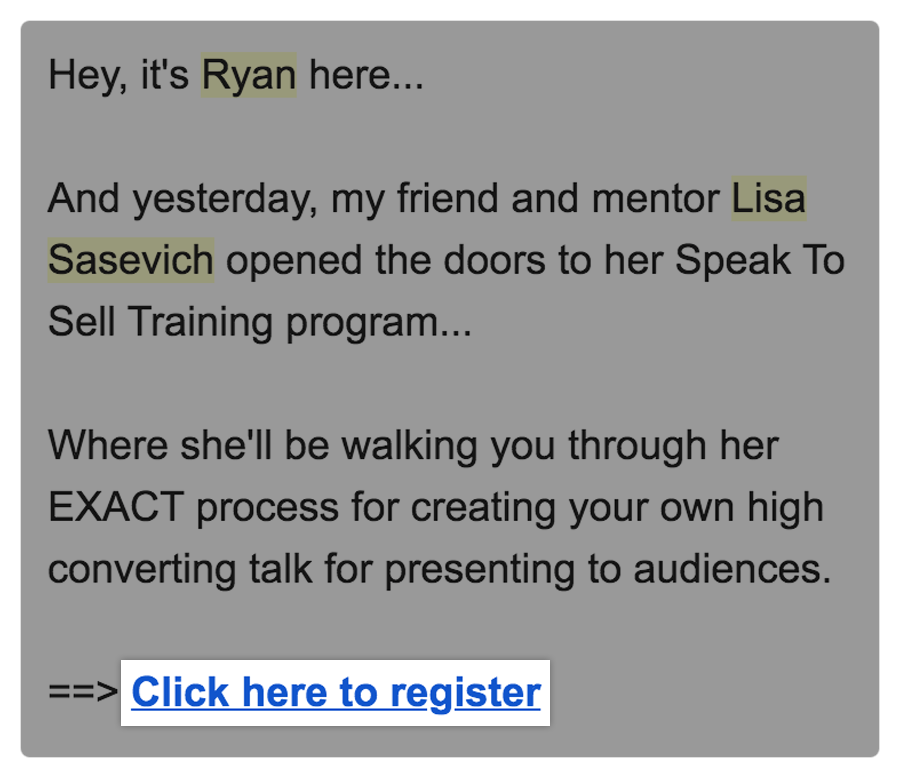 メール本文内に、紹介する製品へのアフィリエイトリンクが挿入されている様子を示す画像。